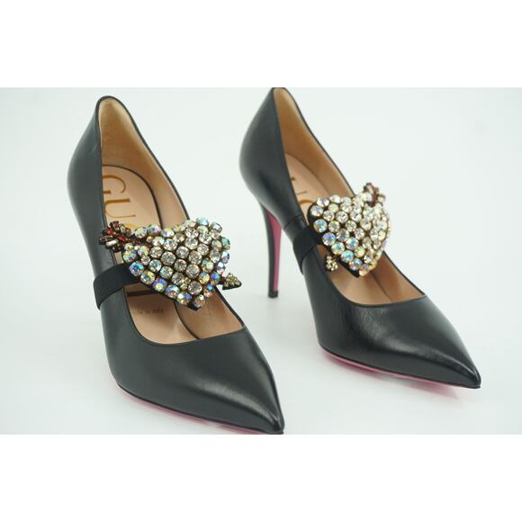 Gucci Black Leather Virginia 95 Crystal Heart Pump Size 38 NIB $1280 Pointy - Picture 12 of 12